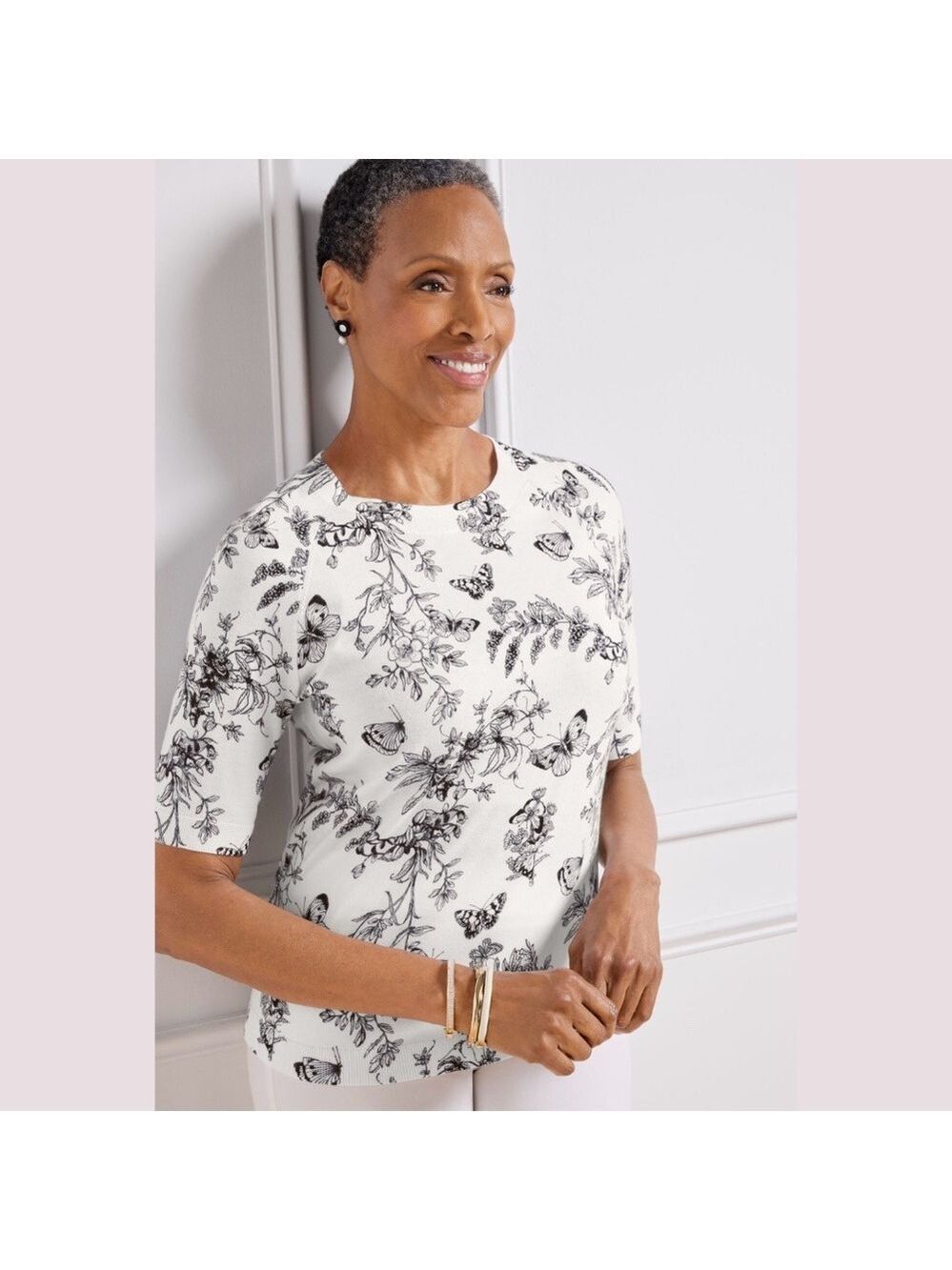 TALBOTS PETITE Cotton Blend Butterfly Toile Elbow Sleeve Pullover Crew Neck XLp